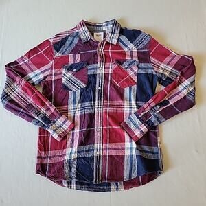 Levis Flannel Shirt Western Pearl Snap Red Blue Long Sleeve Plaid Mens Medium